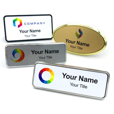 Metal name tags with engraved logo and text