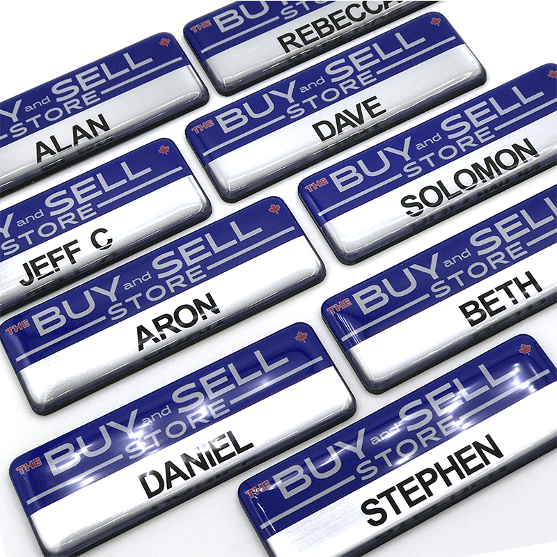 Customizable plastic name badges with various designs and logos, illustrating options for reflecting brand identity