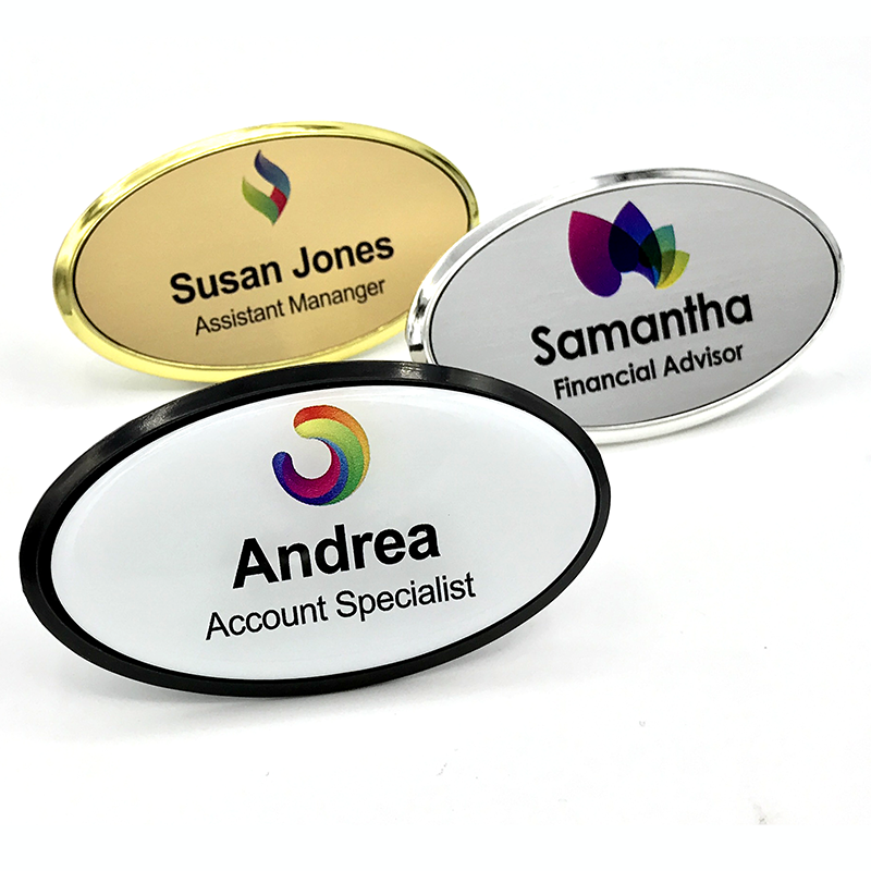 Close-up view of high-quality custom name badge materials, highlighting durability and finishes featuring UV printing and scratch-resistant features.